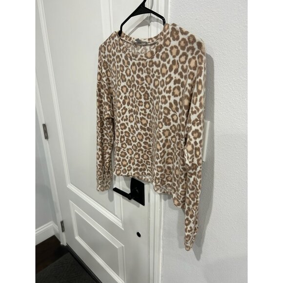 Gaze Leopard Print Crewneck Long Sleeve Crop Top Tan White Sz Small Animal Print - Picture 3 of 9